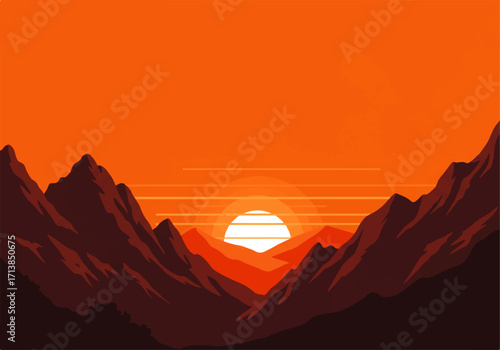 Minimalist illustration of a sunset over mountains, featuring a bright sun and a warm orange color palette.