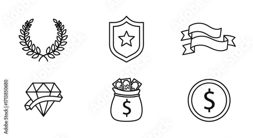 Set of six black line art icons symbolizing achievement, value, and wealth, including a laurel wreath, shield, ribbon, diamond, money bag, and coin.