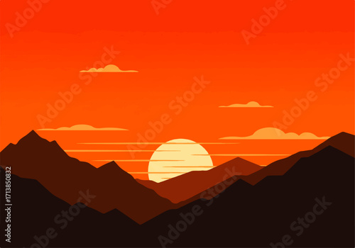 Illustration of a vibrant orange sunset over a mountainous landscape with layered peaks and scattered clouds.
