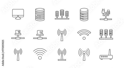 Network icons: computer, database, servers, antenna, wifi, router.