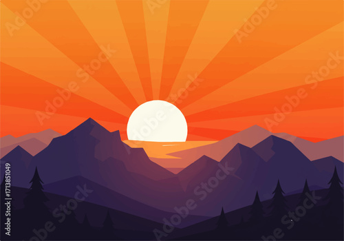Illustration of a vibrant sunset over a mountainous landscape, with sun rays emanating from behind the horizon.