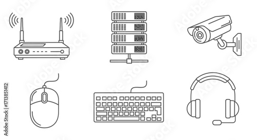 Line art icons of various technology devices including a wireless router, server rack, security monitor, computer mouse, keyboard, and headset.