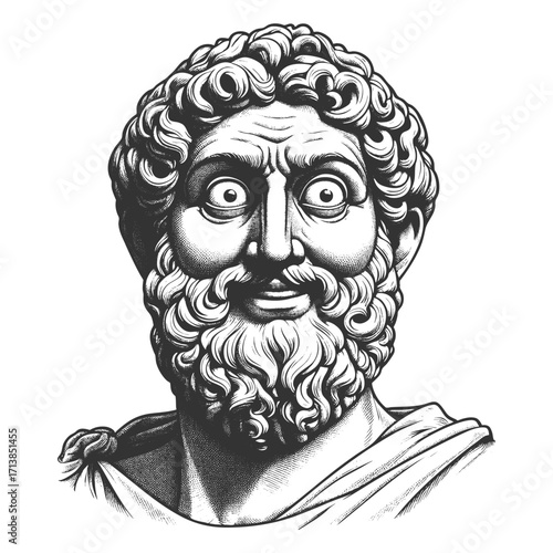 Ancient statue bearded man with wide eyes, resembling an ancient philosopher with comic surprise sketch engraving generative ai fictional character vector illustration. Scratch board. Black and white.