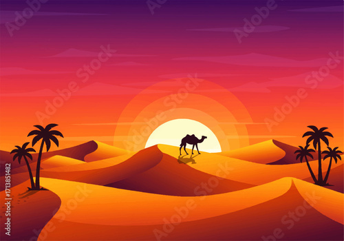 A camel walks across sand dunes in a desert landscape at sunset, with palm trees silhouetted against the colorful sky.