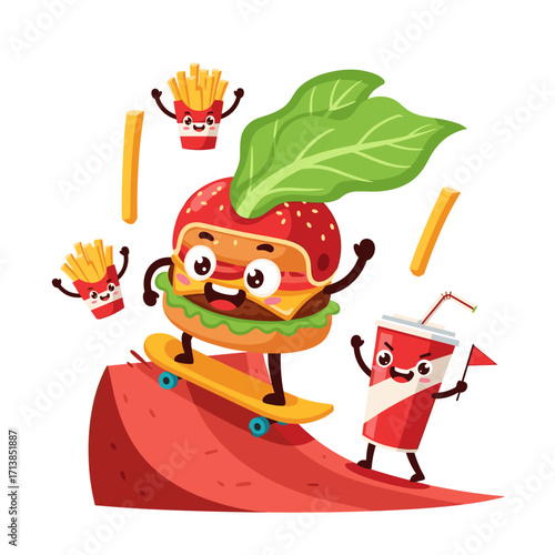 Cartoon hamburger skateboarding with fries and soda