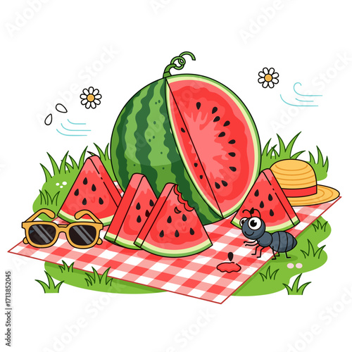 Summer picnic with watermelon slices and ant