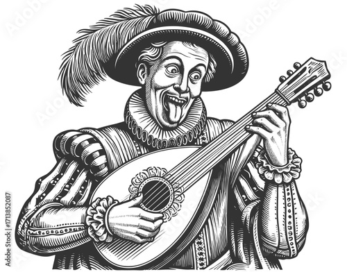 man in historical costume playing a lute with exaggerated funny expression and tongue out sketch engraving generative ai fictional character vector illustration. Scratch board. Black and white image.
