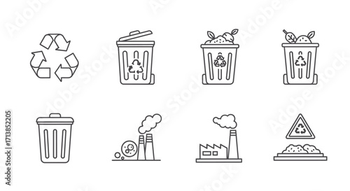 Line icons depicting recycling, waste disposal, and pollution.