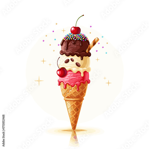 Triple scoop ice cream cone with toppings