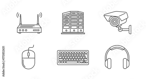 Collection of line art illustrations depicting various technological devices and equipment for digital use.