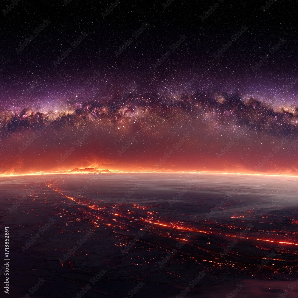 Fototapeta premium Aerial View Of City At Night Under Milky Way Galaxy