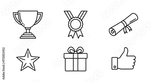 Collection of simple line art icons representing achievements and awards.