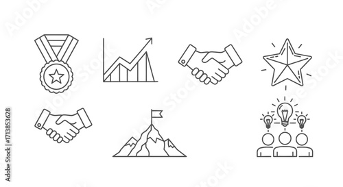 Eight line icons depicting business success, teamwork, and achievement.