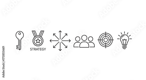 A set of business strategy icons including a key, medal, expansion, team, target, and lightbulb.