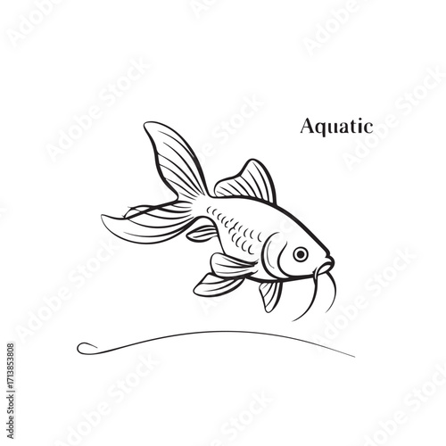 Black and White Line Drawing of an Aquatic Fish with Fins and Barbels