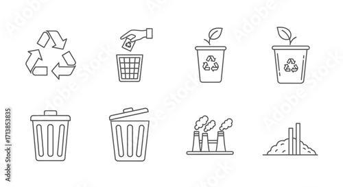 A collection of line art icons representing environmental concepts such as recycling, waste disposal, and industrial pollution.