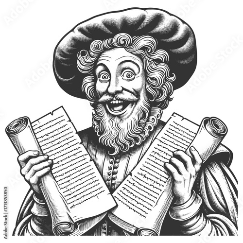 smiling scholar in historical clothing holding two scrolls with exaggerated expression sketch engraving generative ai fictional character vector illustration. Scratch board imitation. Black and white.