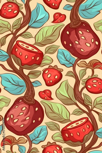 Colorful floral pattern featuring stylized strawberries and leaves on a light background.