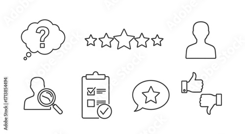 Collection of line icons representing feedback, reviews, surveys, user profiles, and ratings for business and digital interfaces.