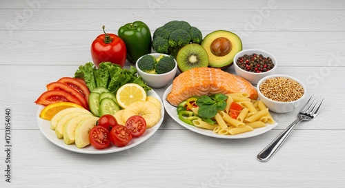 Healthy Plate with Salmon, Pasta, and Colorful Vegetables