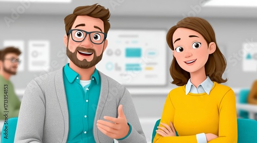 Animated office scene with smiling characters in a modern workspace