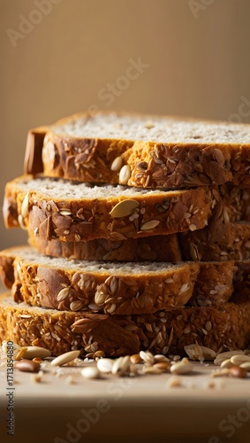 Stack of seeded bread slices on a wooden surface showcasing a healthy breakfast option