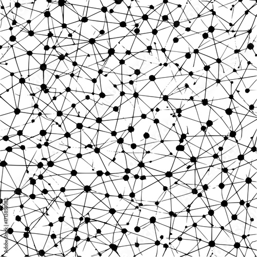 Black circles connected by lines creating a complex network on a white background abstract design art