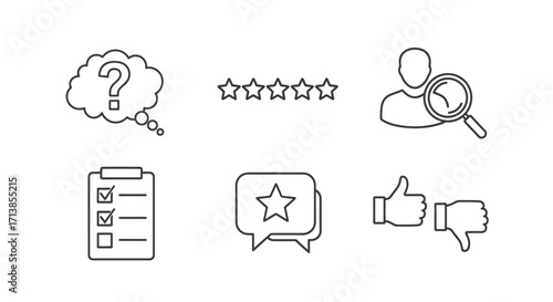 Collection of linear icons representing feedback, rating, and user reviews.