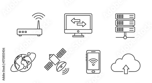 A collection of six distinct line art icons representing various aspects of modern technology and connectivity.