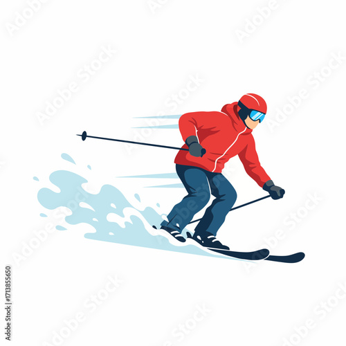 Skier in Red Jacket and Blue Pants Skiing Downhill.