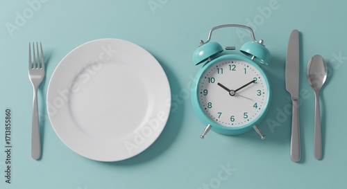 Time for Lunch: Alarm Clock, Plate, and Cutlery on Blue