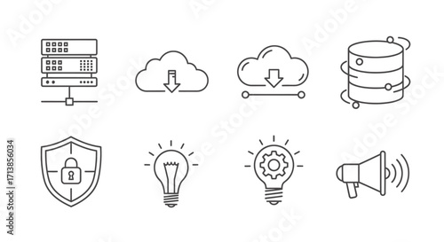 A set of eight line art icons representing technology concepts like cloud computing, data servers, security, and innovation.