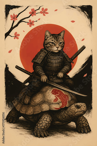 Adobe Illustrator Artwork the cat is riding a turtle with a samurai in tow