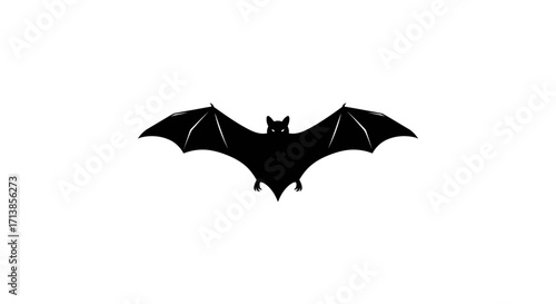 A black silhouette of a bat with its wings spread wide against a white background.