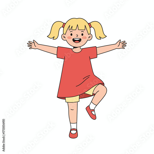 Happy little girl with blonde pigtails balancing on one leg.
