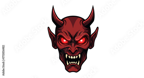 Illustration of a menacing red devil face with sharp teeth, horns, and glowing eyes.