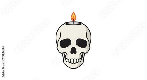 A stylized illustration of a skull candle holder with a lit flame.
