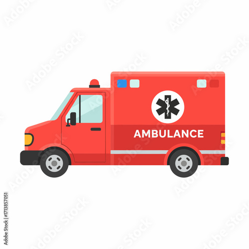 Red ambulance vehicle with star of life symbol and text.