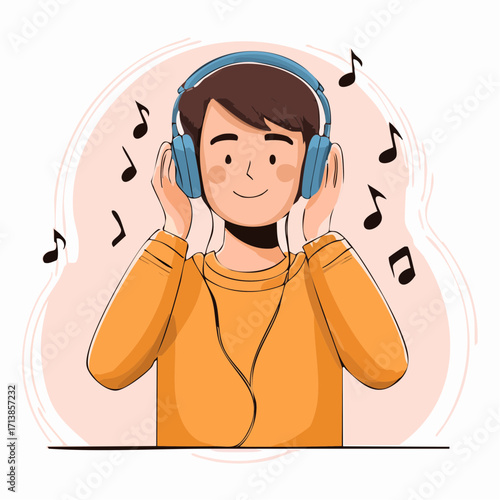 Vector image of Young man listening to music with headphones in casual attire