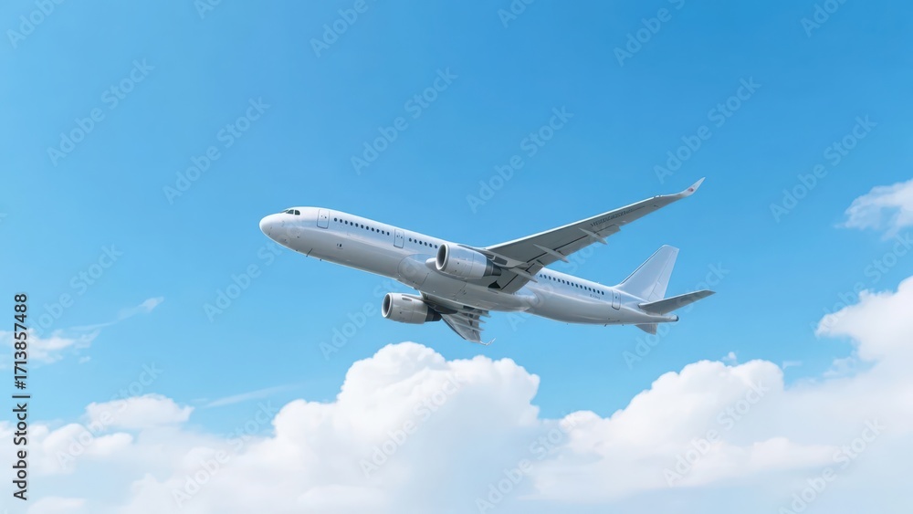 Obraz premium A plane soars between the blue sky and white clouds, showing the freedom and vastness of air travel.