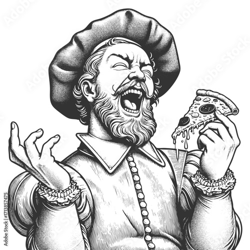 joyful renaissance man with beard and hat holding a slice of pizza while laughing sketch engraving generative ai fictional character vector illustration. Scratch board imitation. Black and white image