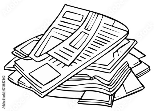 Black and white line art illustration of a stack of daily newspapers with headlines and articles