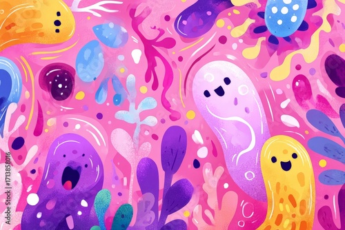 Colorful abstract artwork featuring whimsical characters and vibrant shapes in various shades of pink, purple, and blue