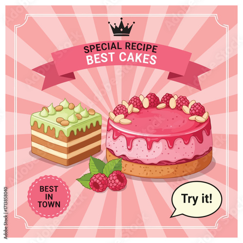 Delicious Cakes Raspberry Cake and Pistachio Cake Recipe Illustration