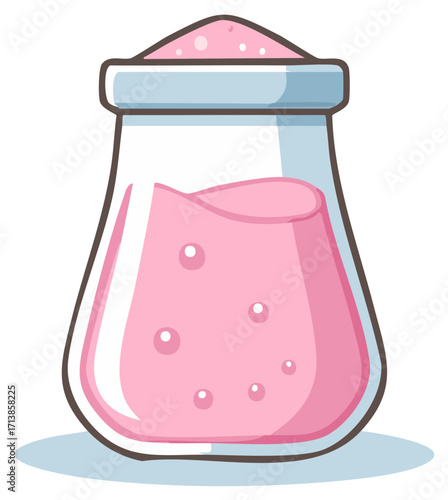 Cute pink liquid in glass shaker with bubbles and sweet powder top cartoon illustration
