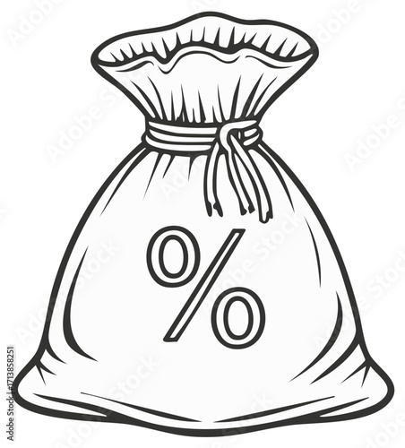 Black and white vector illustration of a money bag with a percent sign symbolizing finance, interest, and discounts