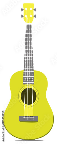 Bright yellow ukulele instrument with gray fretboard and tuning pegs