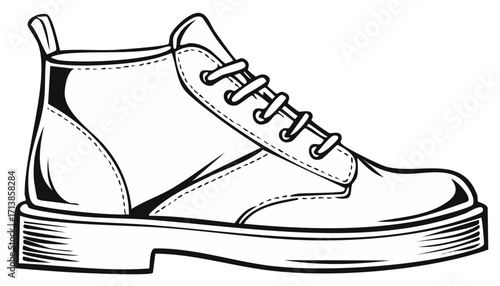 Vector Illustration: Lace-Up Ankle Boot With Thick Sole, Casual Footwear Line Art
