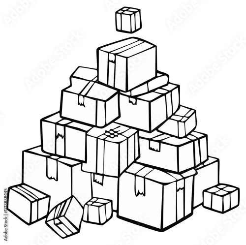 Cartoon style drawing showing an enormous stacked pile of taped cardboard packages and delivery boxes