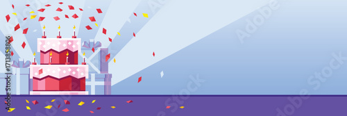 Birthday celebration web banner with cake, gifts, and confetti - geometric low poly party vector illustration for anniversary and festivities